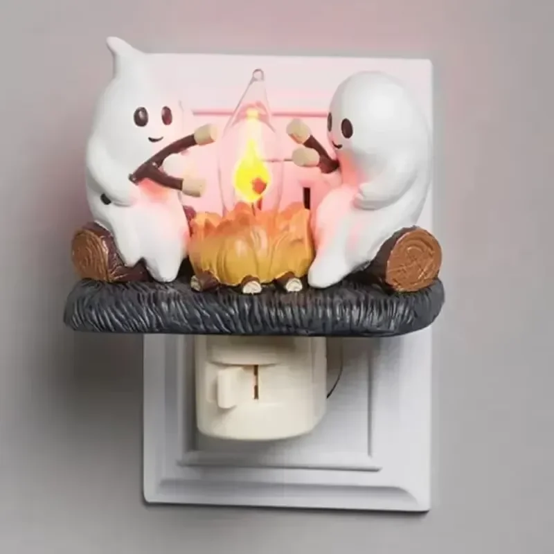 Cute Cartoon Ghost Bonfire Flashing Night Light Halloween Candle Lamp for Living Room Wall Decor