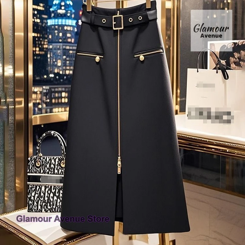 

Spring and autumn new plus-size black skirt female Korean fashion design sense small fragrance long zipper hip A-line skirt.