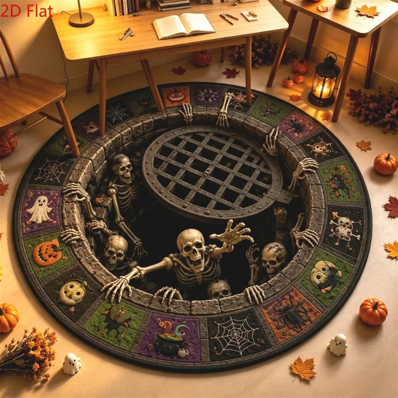 Round Halloween 3D Vortex Visual Area Rug, Zombie Hand Purple Galaxy Moon Bat Quilted Print Home Floor Mat