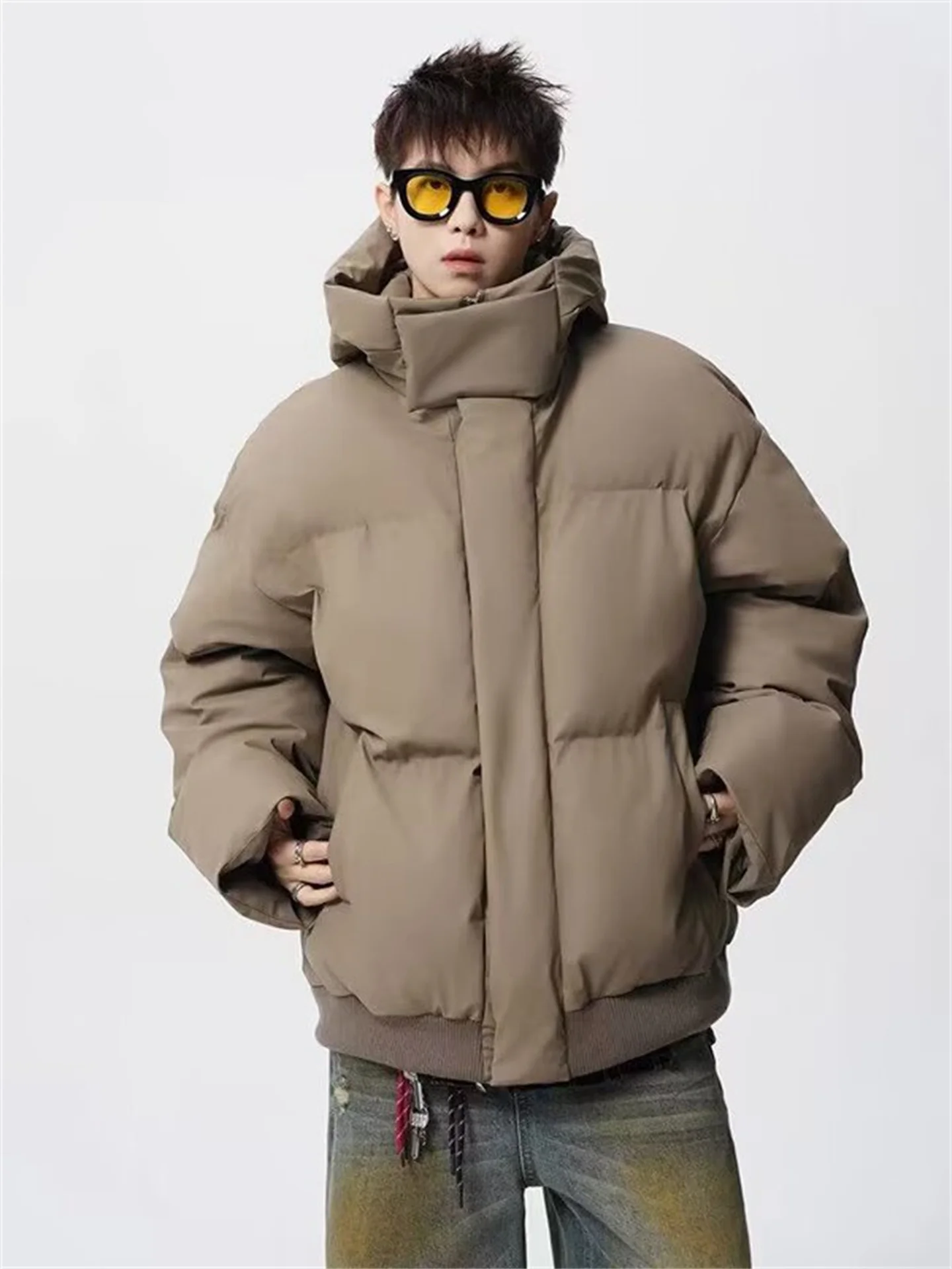 

American Sle Winter Cotton Jaet Men's New PU Leather Hooded Coat Stand Collar Warm Outerwear Casual Thiened Youth Faion