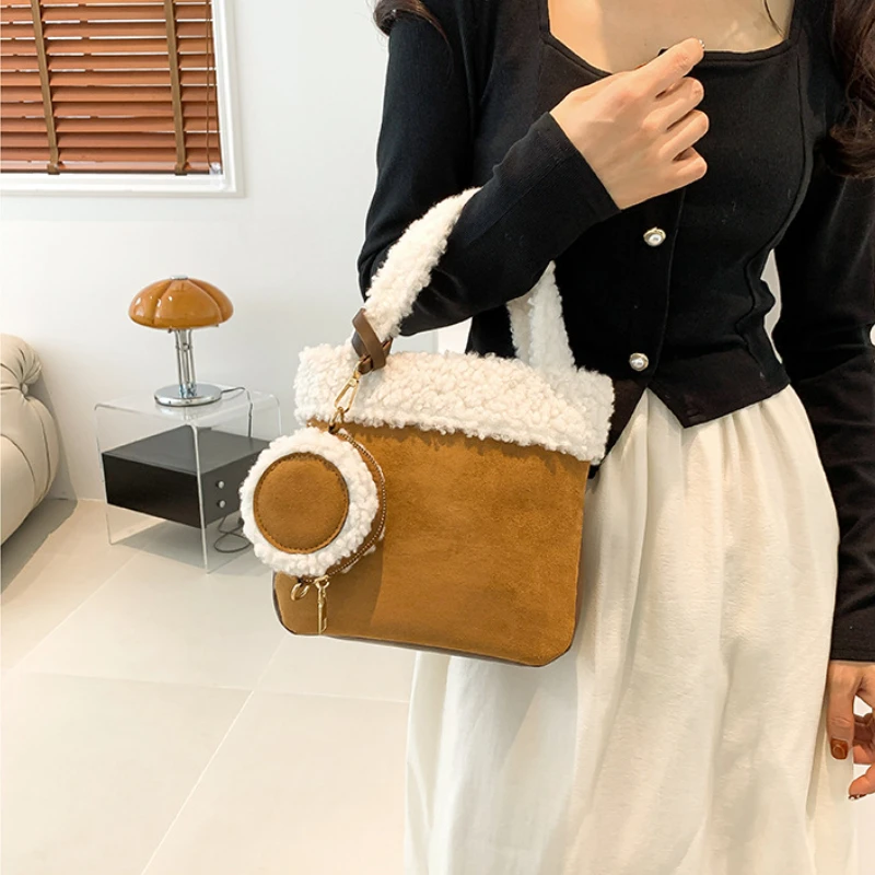 Handbag Bucket Bag Artificial Lamb Down Suede Bag for Women High-grade Sense Stitching Style Shoulder Trendy Crossbody All-match