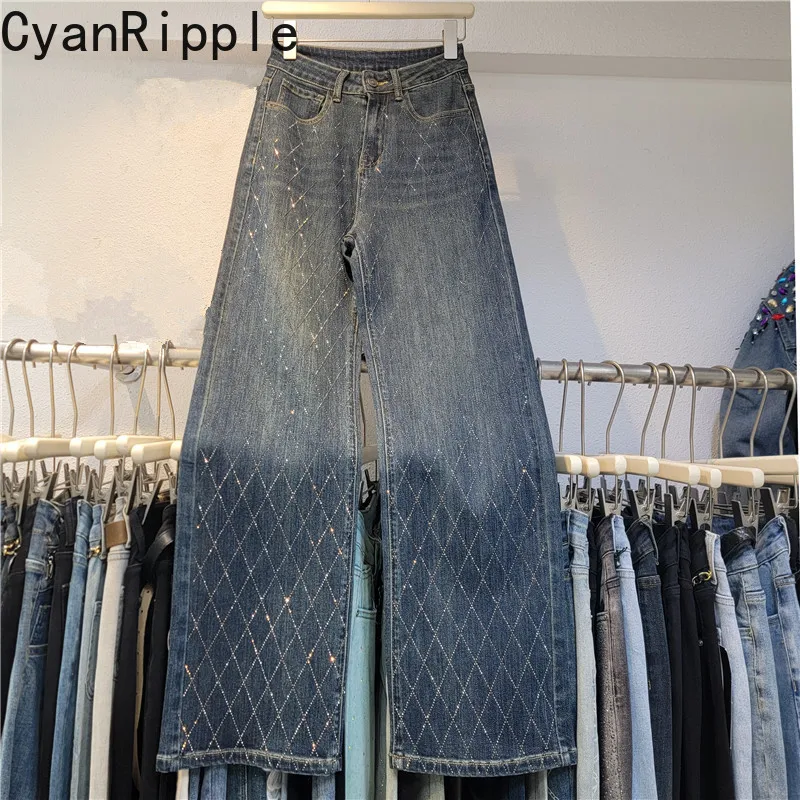 Luxury Diamond Grid Hot Drilling Women Wide Leg Jeans New Spring Autumn All-match Mopping Floor High Waist Straight Denim Pants
