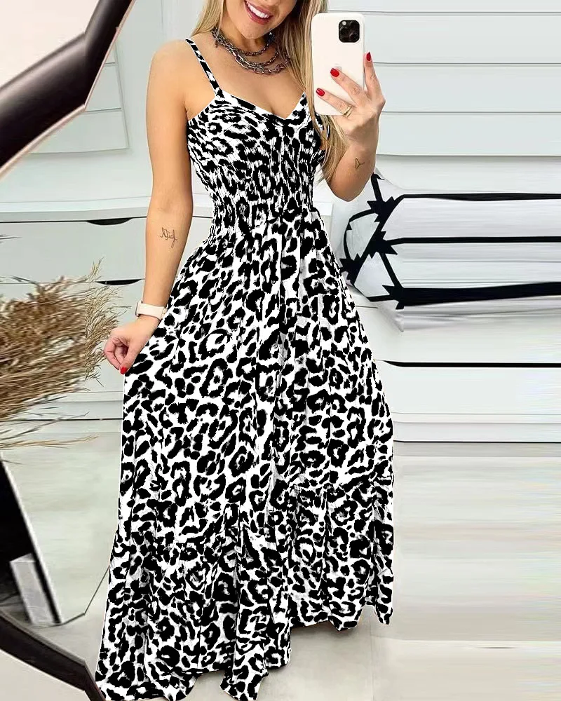 New leopard print suspender V-neck dress high waist skirt sexy temperament fashion long skirt foreign trade women\'s clothing