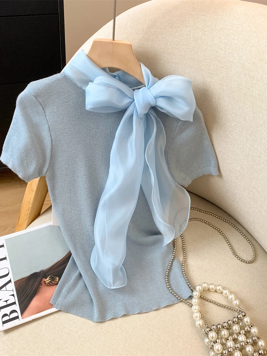 

Женская трикотажная футболка Purple Knot ort Sve Summer для похудения, очаровательный топ из ледяного шелка, корейский полиэстер...