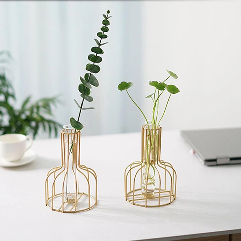 1 Set Gouden Vaas Metalen Bloemen Pot Hydrocultuur Container Reageerbuis Vaas Moderne Luxe Thuis Bureau Decoratie Legering Glazen Vazen