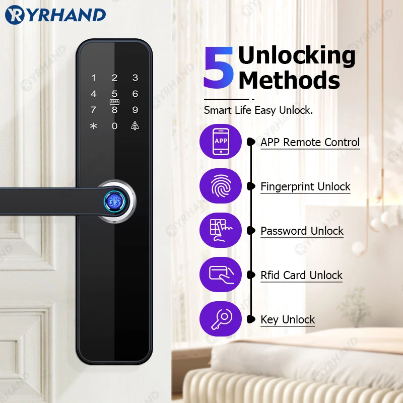 YRHAND Gold Biometric Intelligent Door Lock TUYA WIFI Remote Unlock Fingerprint Card Password Key Password Smart Door Lock