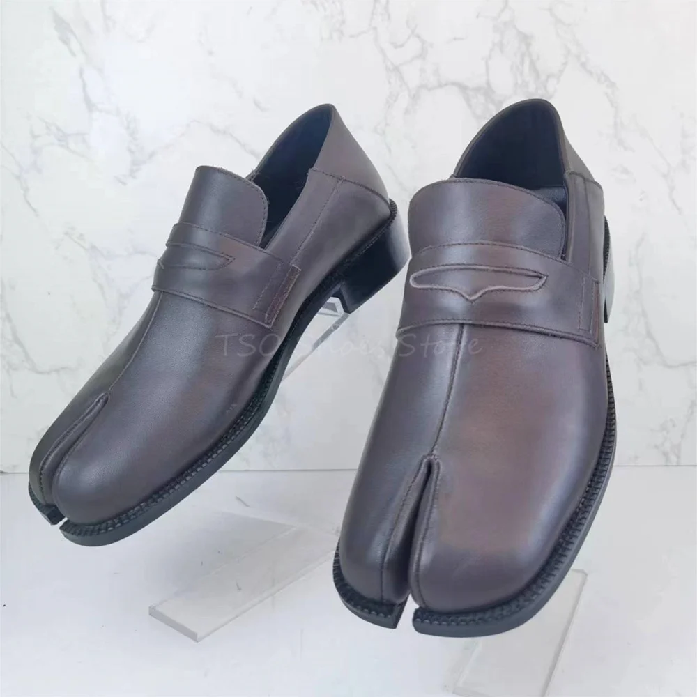 Square Split Toe Men Shoes Loafers Brown Genuine Leather Retro British Style Gentleman Shoes Fashion Casual Shoes Wear-Resistant