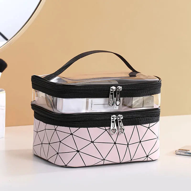 Double-Layer Cosmetic Bag for Ladies Lattice Portable Makeup Artist Multi-functional Storage Bag, Wash Bag Makeup Oranizer Case