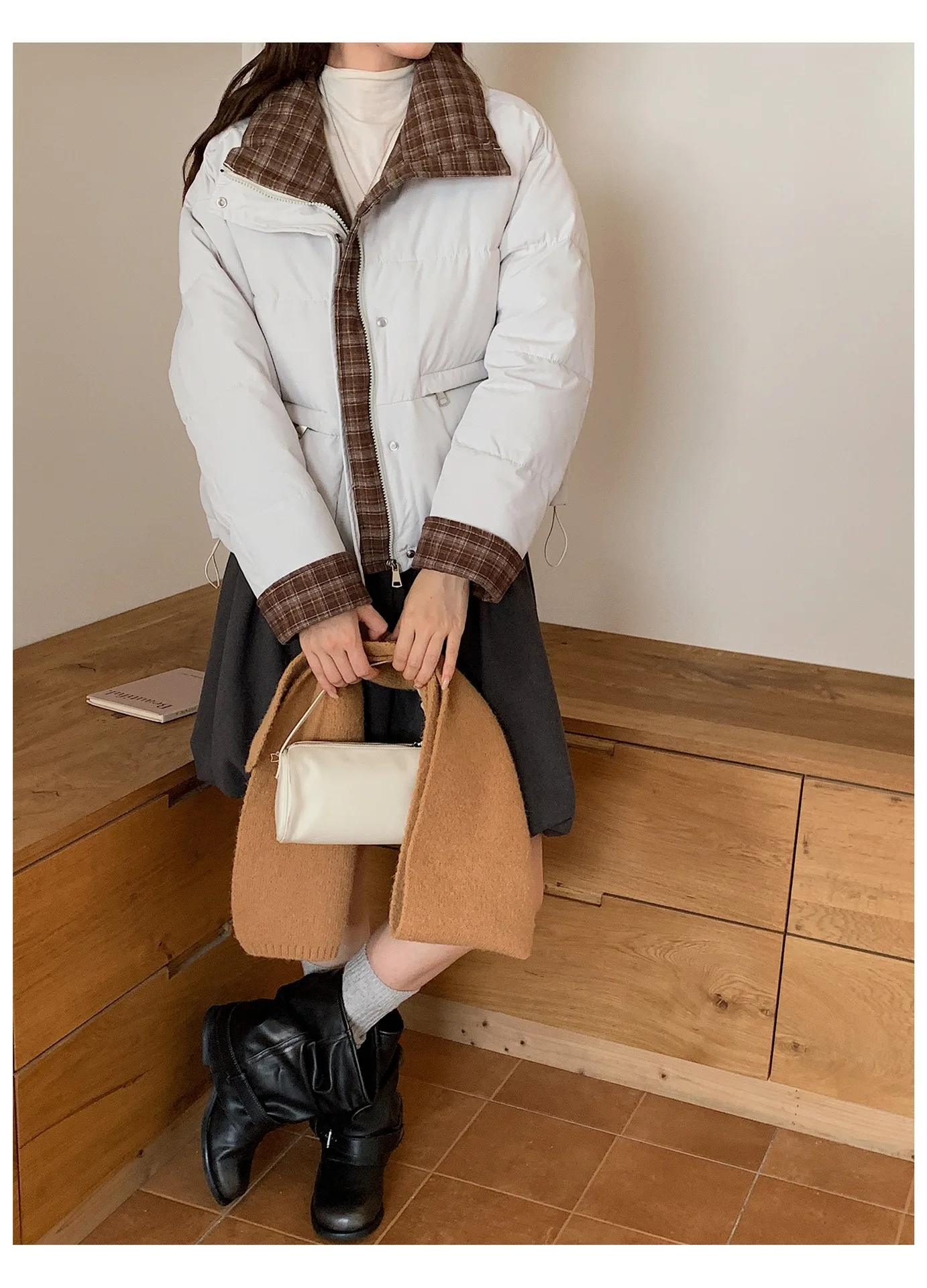 American Plaid Patchwork Puffer Jacket Women Winter Thick Stand Collar Short Parkas Woman Korean Casual Preppy Style Outerwear