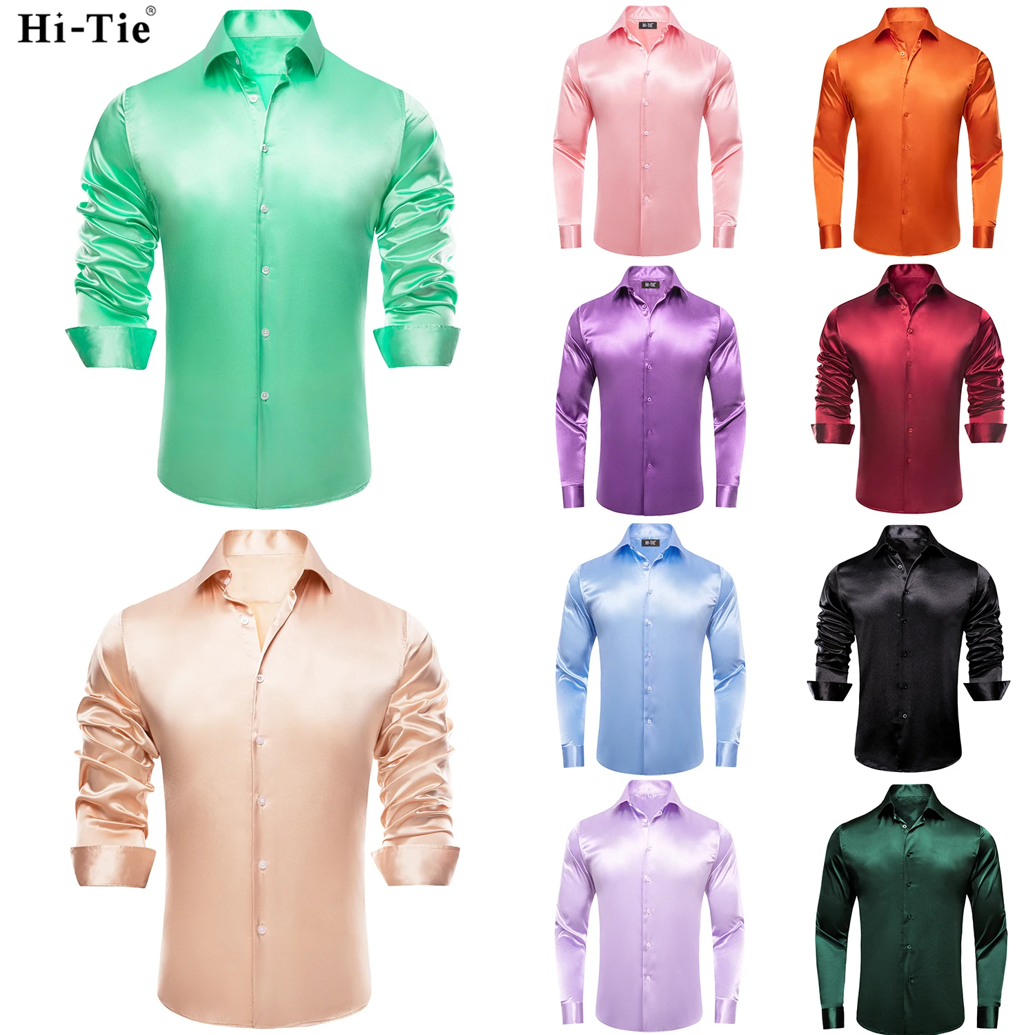 

Hi-Tie Men's Long Sleeve Mint Green Plain Satin Silk Dress Shirts Casual Formal Blouse Shirt Luxury Designer Summer Men Clothing