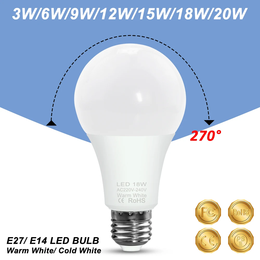 220V LED Light Bulb E27 Lamp E14 Chandeliers 3W 6W 9W 12W 15W 18W 20W LED Bombillas For Home Living Room Lighting 240V Ampoule