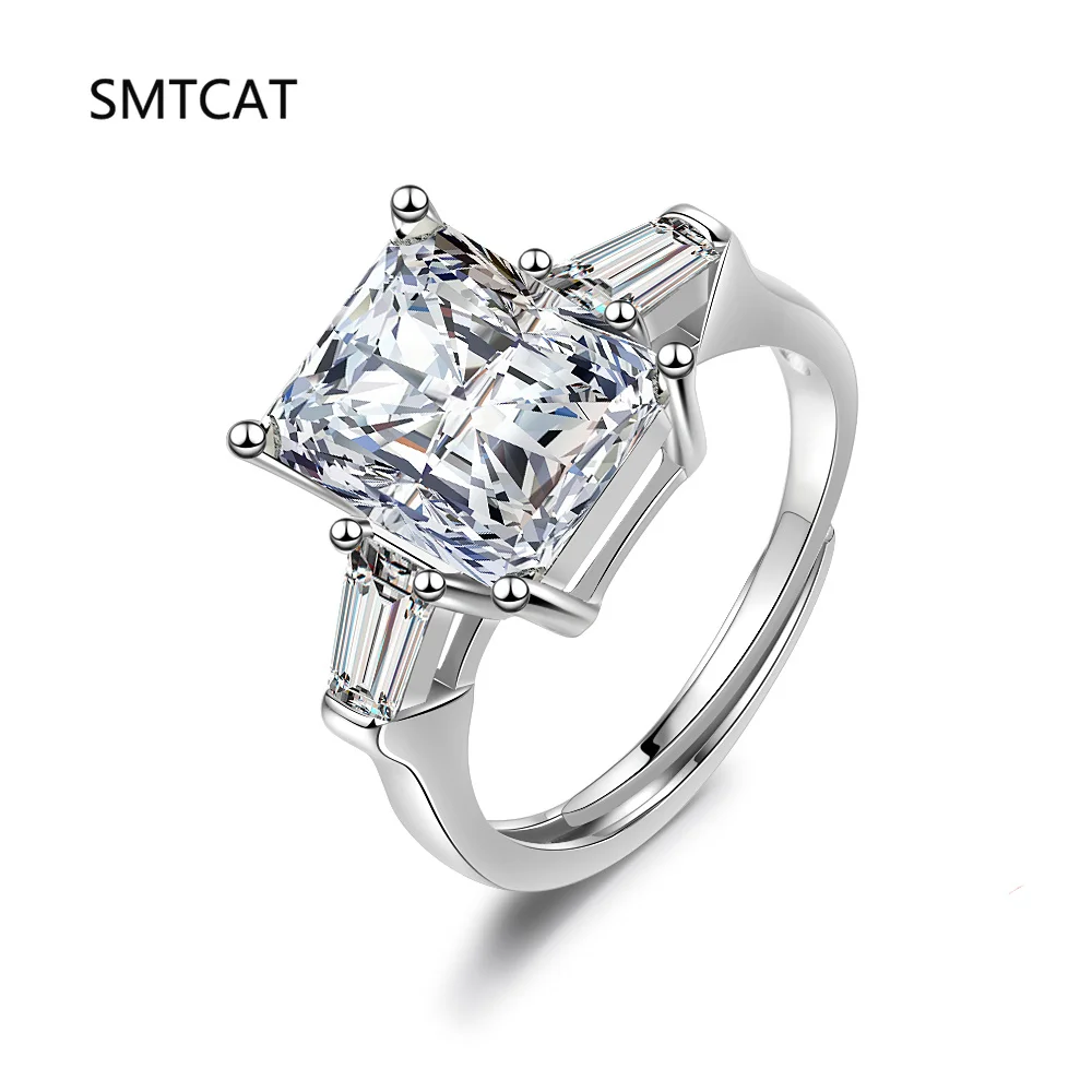 Emerald Cut Simulated Moissanite Rings for Women D VVS1 Three Stone Diamond Engagement Ring Side Baguettes 925 Silver Jewelry
