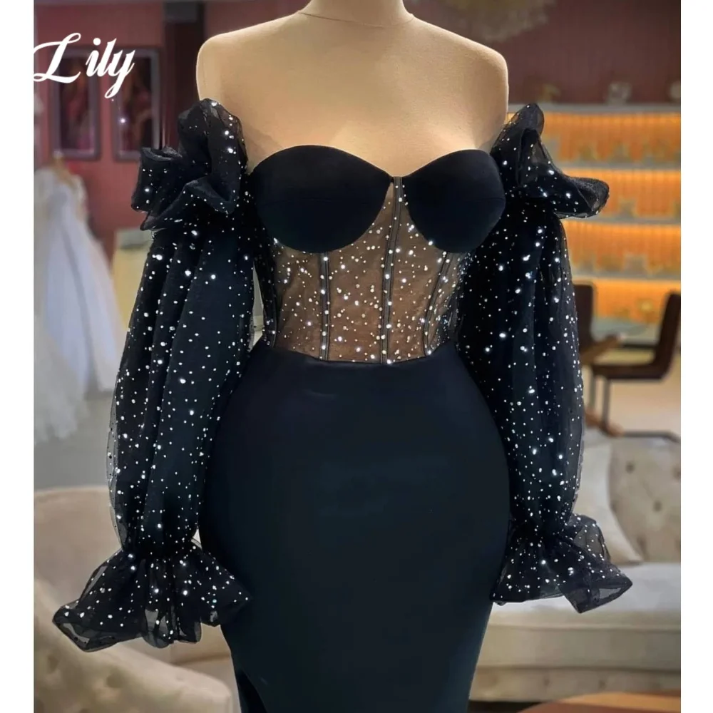 Lily Elegant Modern Style Prom Dress Sweetheart Backless Formal Gown for Woman Shiny Lantern Sleeve Evening Dresses Customized