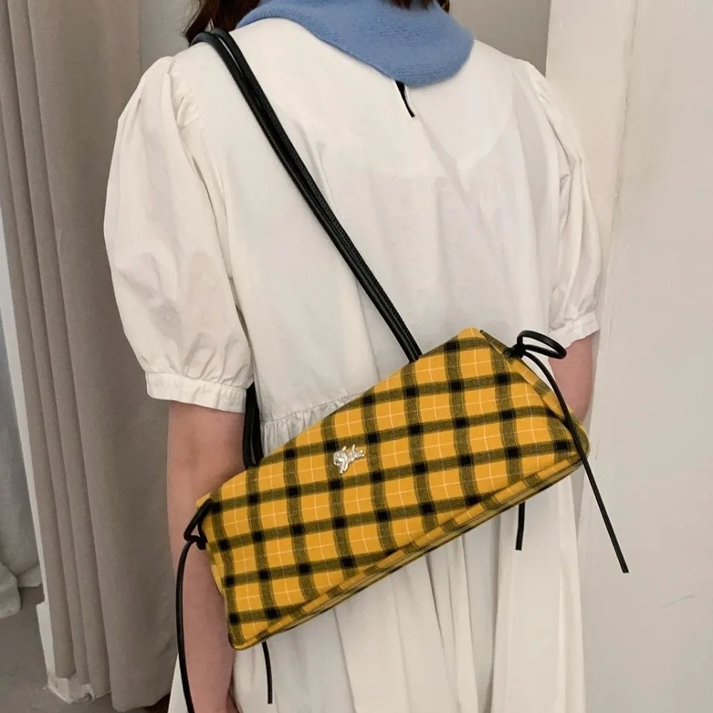 

Retro Striped Plaid Shoulder Bags Simple Style Versatile Zipper Bow Handbags Large Capacity Durable Long Strap Underarm Bag