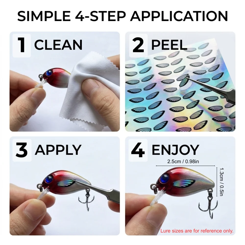1CM Mini-Fischflossen-Aufkleber, selbstklebend, wasserdicht, holografisch, laserbeschichtet, Brustflossen für kleine Angelköder, Swimbait-Jigs, DIY – Detail 4