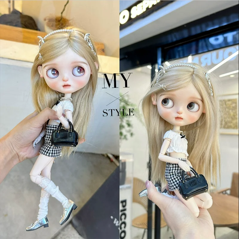 DLBell Fashion Blythe Clothes Off Shoulder Bow Top and mini Plaid Short Skirt for Blythe OB24 Licca Pullip 1/6 Dolls Outfit