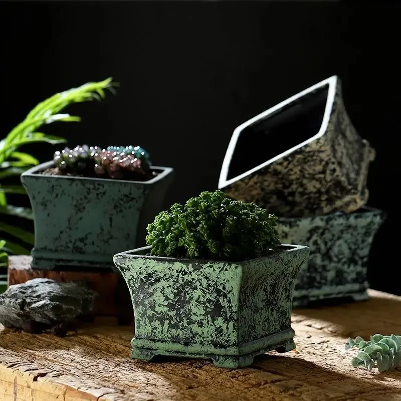 Ceramic Colorful Square Flower Pot, Handmade Collection Bonsai, Garden Home Decoration, White