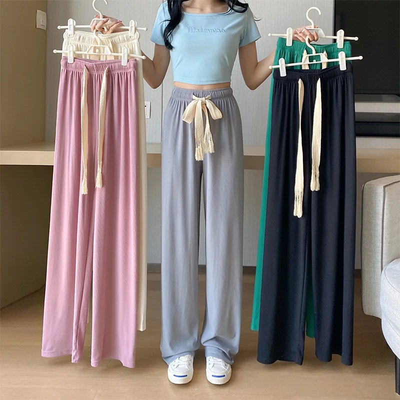 

Casual Pants Women Hot Sale Summer Ulzzang Wide Leg Pure Ins Thin All-match Drawstring High Waisted Fashion College Simple Retro