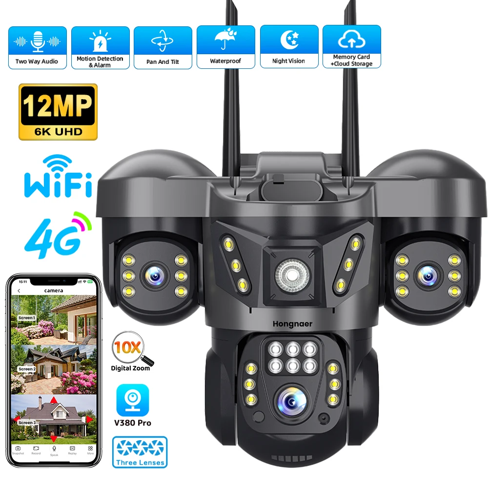 Hongnaer 12MP 6K V380 Pro Three Lens Wireless WiFi Home Security Wireless 4G Sim Card CCTV IP Camera