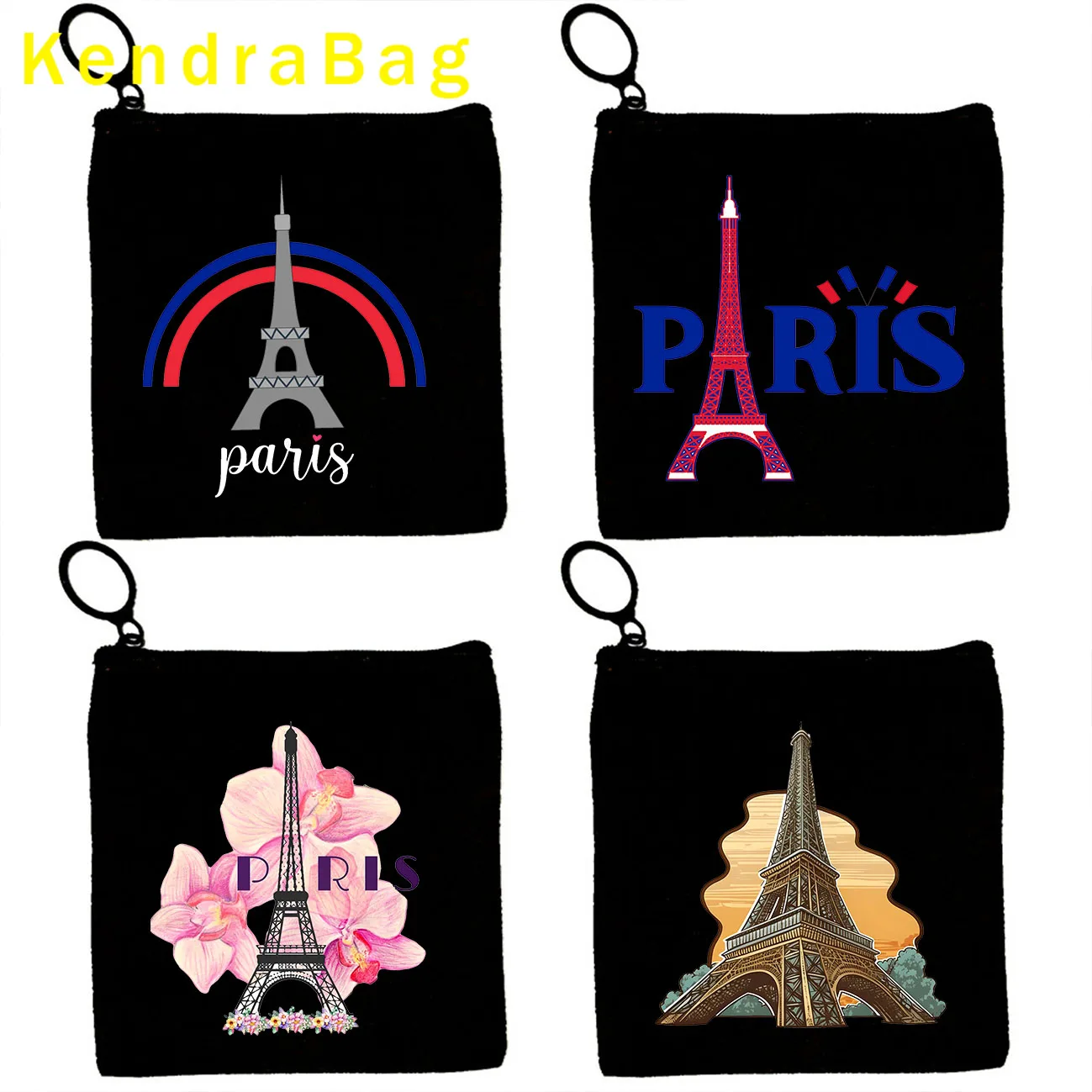 Eiffel Tower Paris France Love Heart French Flag Map Key Coin Purse Canvas Bag Pouch Storage Cotton Card Bag Wallet Zipper Gifts