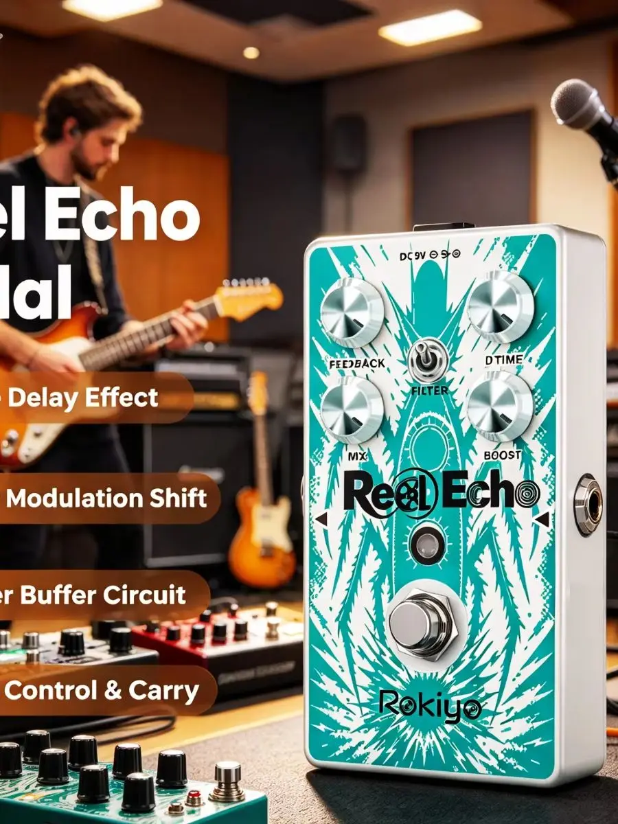 Rokiyo Reel Echo Gitarreneffektpedal Tape Delay Warm Grainy Vintage Echo Filter Modulation & Boost Super Buffer Schaltung Stompbox