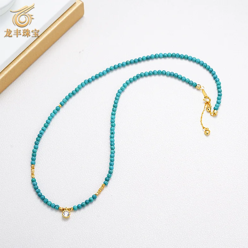 Necklace S925 Silver Plated 18k Gold Natural Turquoise Round Beads Model Female Clavicle Chain