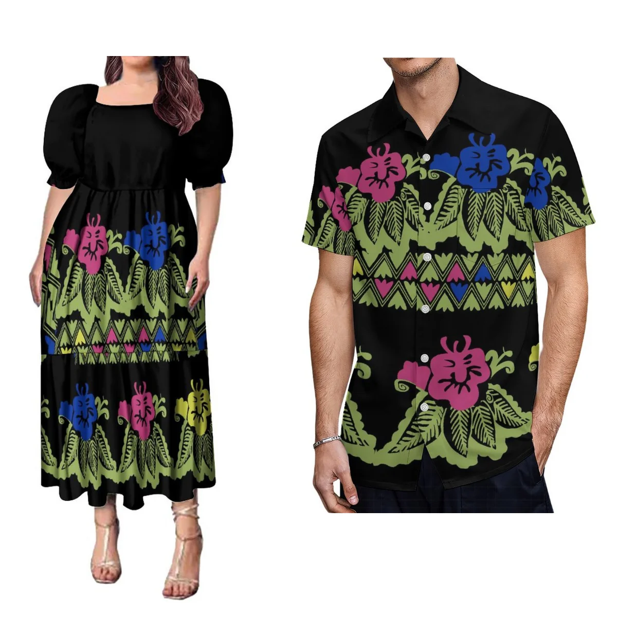 Polynesian Tribe Designed Dress With Men'S Shirt Women'S Puffy Sleeves Dress Couple Dress Free Shipping