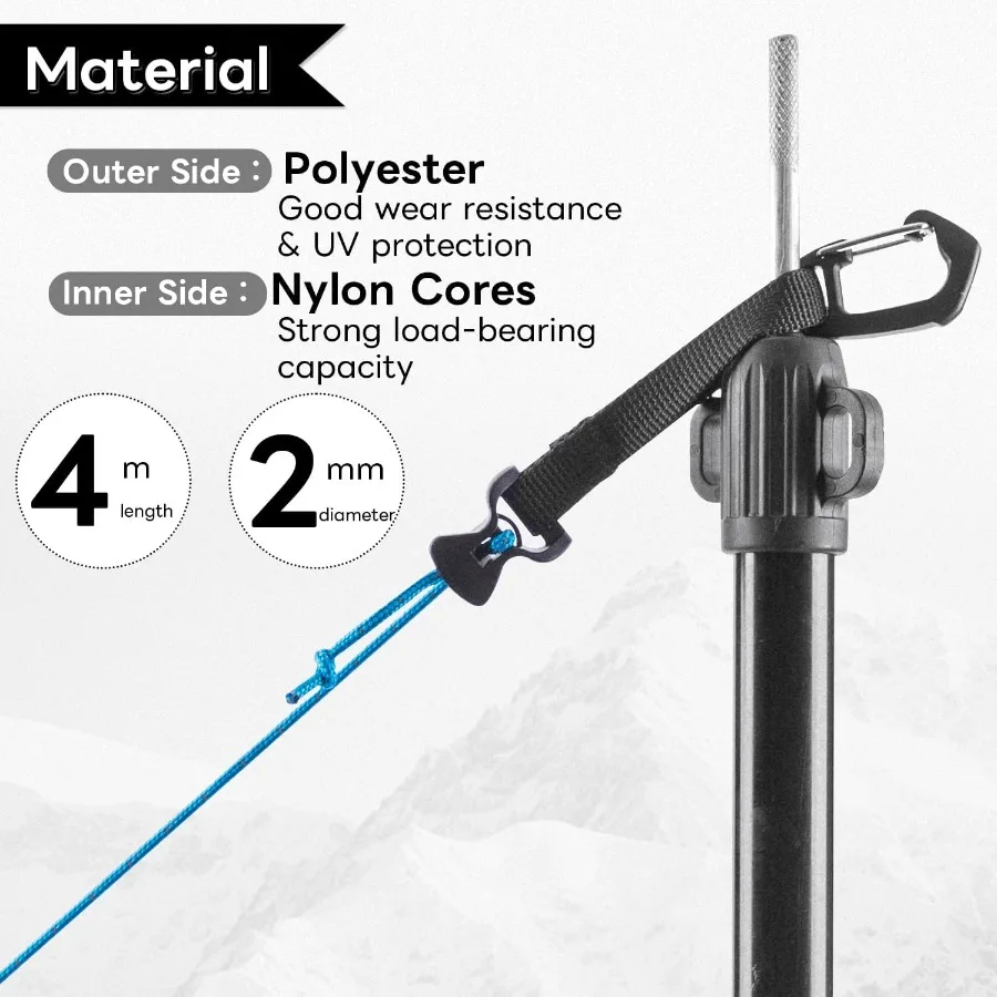 4 pacotes de cabos de barraca ultraleves com mosquetão de travamento, 2mm, 100% nylon, cordas para barraca de acampamento ao ar livre, escalada de lona