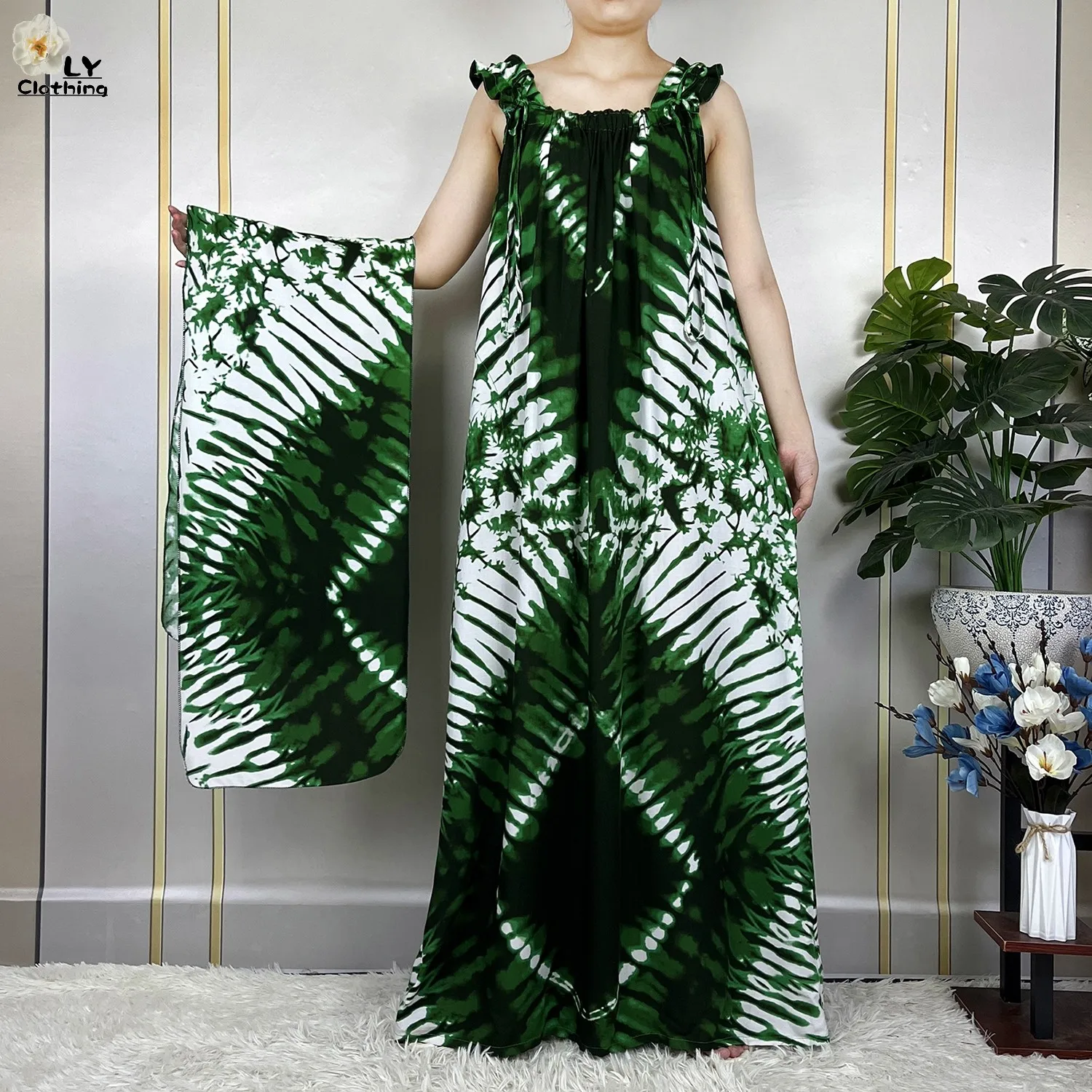 2023 New African Summer Vest Sleeveless Boat Neck Loose Dress Tie Dye Pure Cotton Boubou Maxi Dubai Islam Women Abaya Clothing