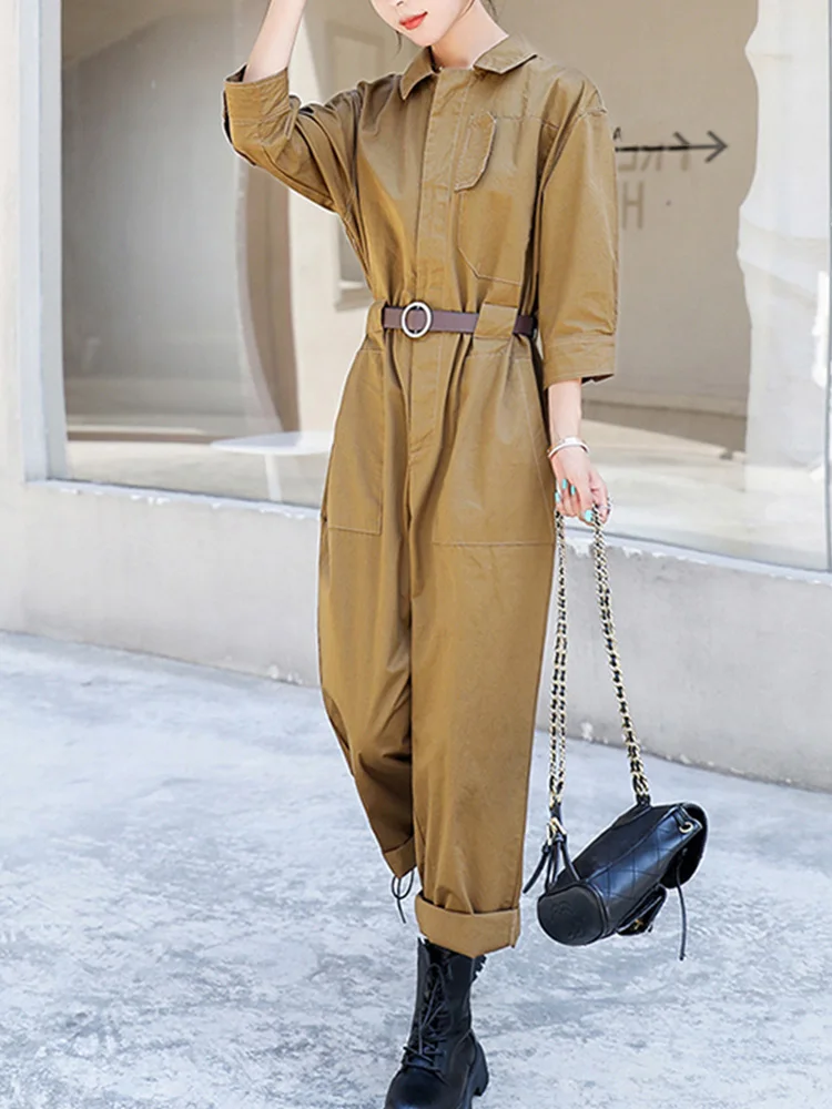 ENjoyce Spring Fall Women Vintage Khaki Three Quarter Sleeve Jumpsuits Cotton Romper Ladies Streetwear Loose Bodysuit Overalls