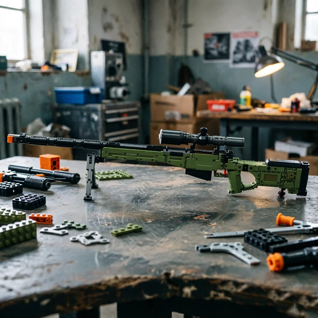 

Конструктор-модель снайперской винтовки AWM, 1245 деталей, тактическое оружие с прицелом, одиночный выстрел, болтовая приводка, складная подставка, игрушка-конструктор, подарок