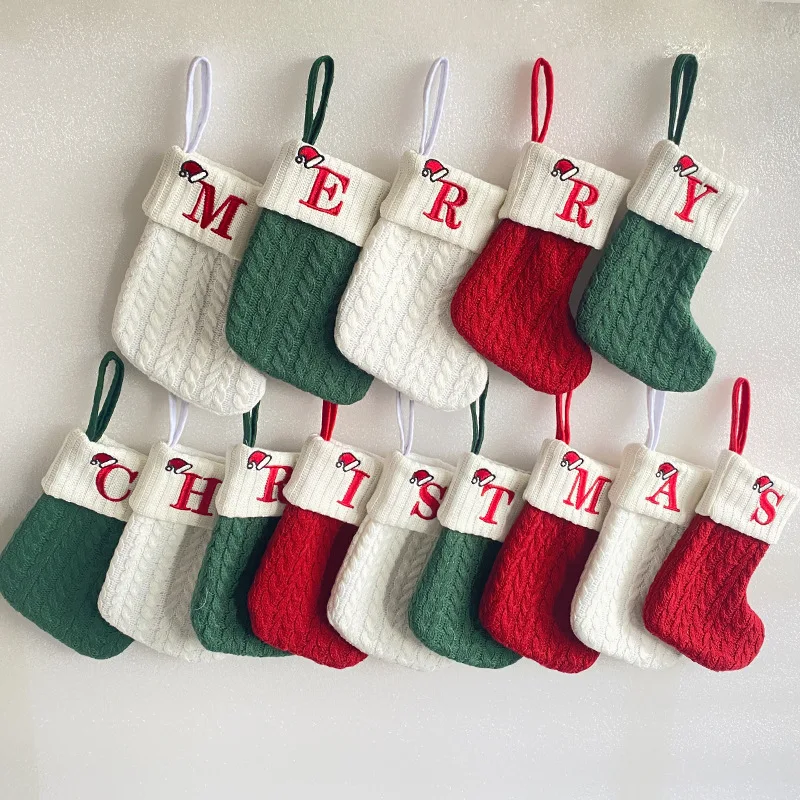 Christmas Decorative Supplies Red Green White Knitted Socks Tree Pendant Embroidered Wool Letter Socks Snowflake DIY Gift Bag