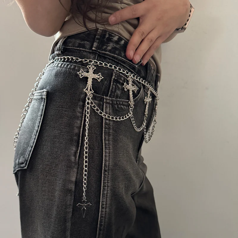 الفاخرة مصمم المرأة واسط حزام على شكل سلسلة الإناث الصليب مع حجر الراين القوطية اكسسوارات الشرير شرابة حزام فستان حزام البنطال الجينز