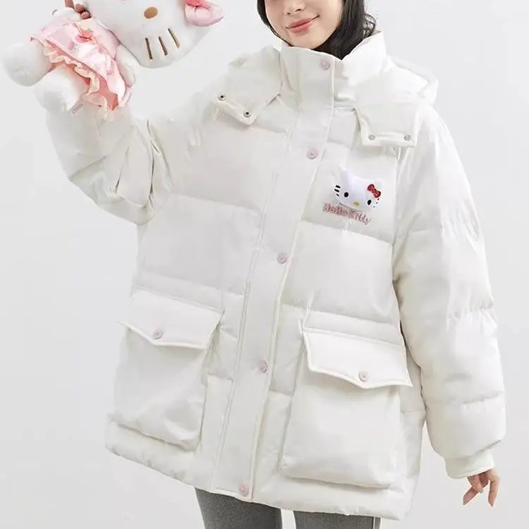 Women White Duck Down Coat Hello Kittys Girl Students Winter New Fashion Hooded Jackets Loose Thicken Parkas Female Warm Outwear