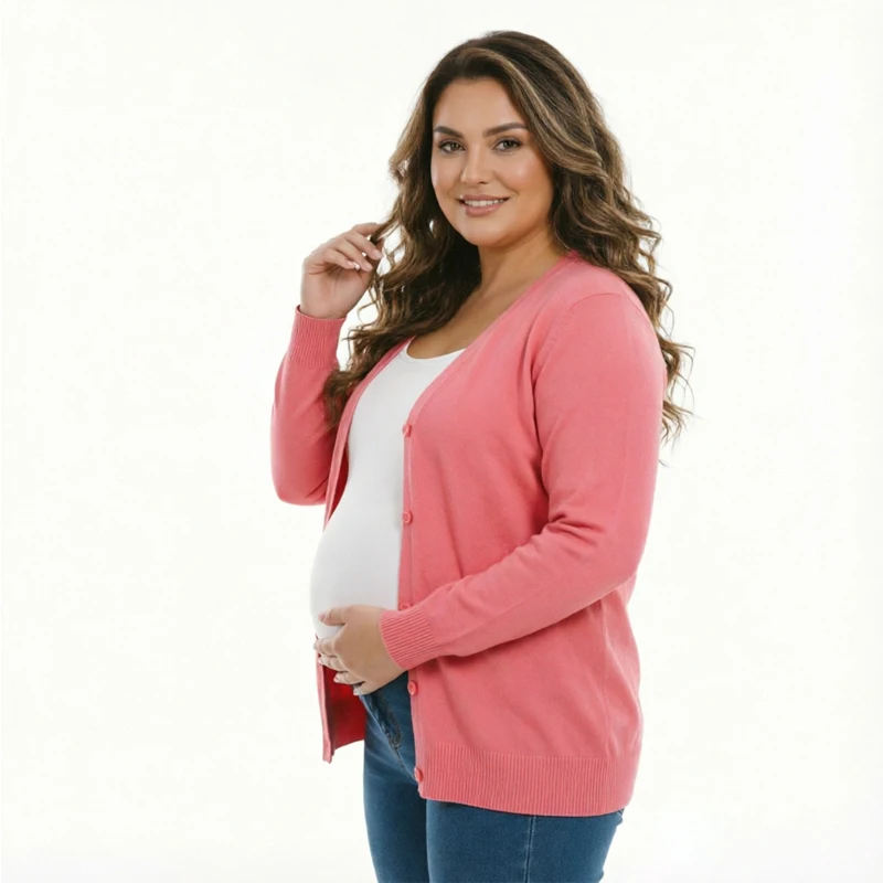 Button Front Knit Maternity Cardigan V Neck Long Sleeve Soft Lightweight Loose Plus Size Pregnant Women Daily Sweater Coat