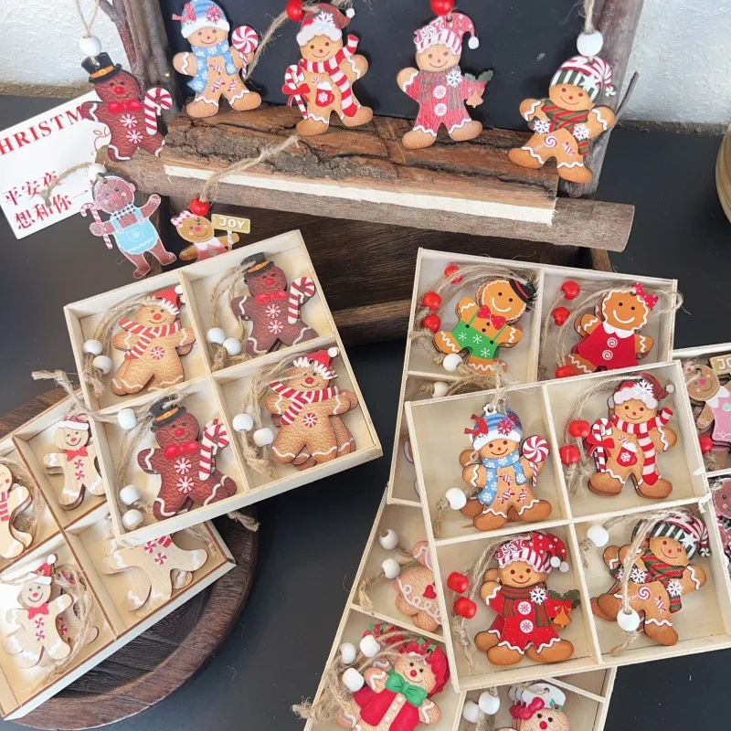 1/12pc Gingerbread Man Christmas Wooden Pendants Santa faceless doll Xmas Tree Ornaments hanging For Home Decor Navidad New Year