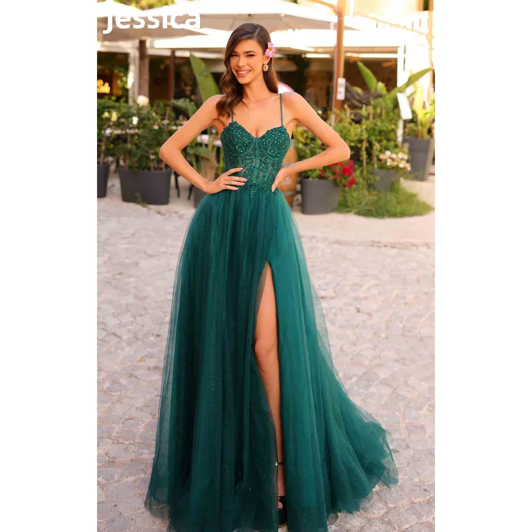 Jessica Glitter Embroidery Prom Dresses Dark Green Spaghetti Straps Evening Dresses Sweet Party Dressese 2024 vestidos de fiesta