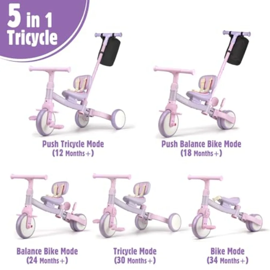 Triciclo infantil 5 em 1 com alça de direção para 1-4 anos, pedais removíveis, rosa, primeiro brinquedo de equitação, presente de aniversário para gi