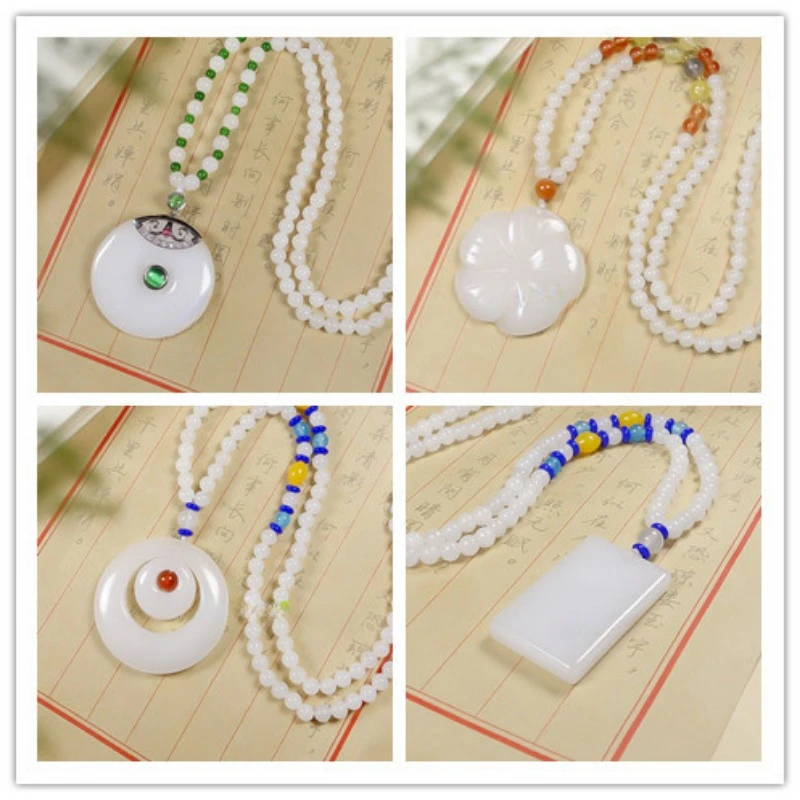 Gold silk jade sweater chain white jade Ping An card Ping An buckle all-matching necklace women pendant jewelry charm