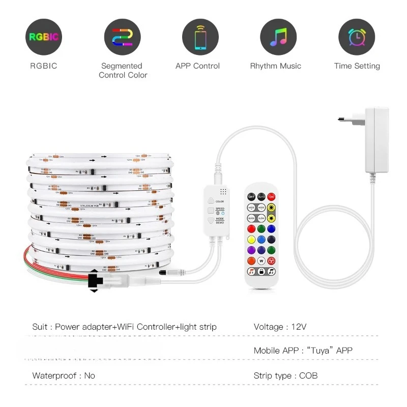 Tuya Smart WIFI RGBIC COB LED Strip Light Tape Addressable WS2811 IC Flexible RGB Neon LED Light 12V APPControl for Alexa Google