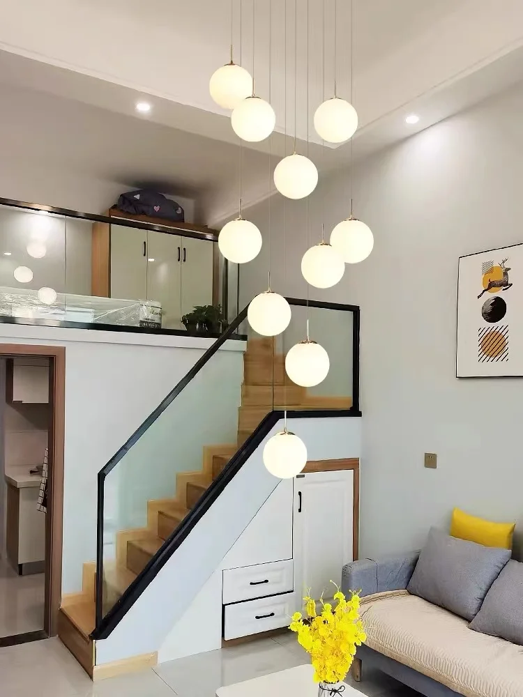 Luz de araña larga para escalera, luz LED esférica de vidrio minimalista nórdico hueco, sala de estar de lujo, loft, edificio alto y dúplex