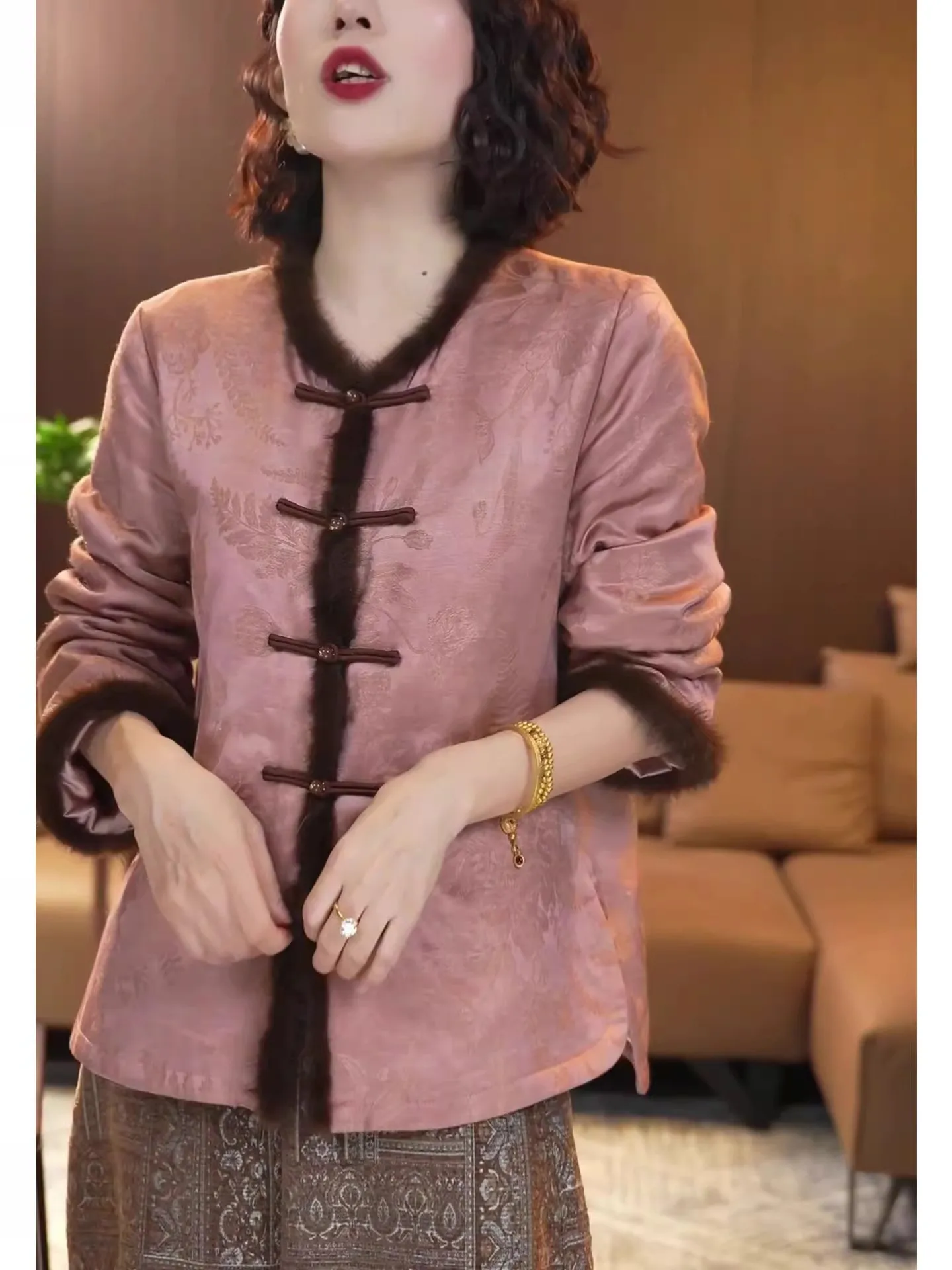 Nuevo 2025 invierno chino Sle mujer ort prendas de vestir exteriores piel de visón impreso Slim Fit Patchwork Jaet suelta ajuste largo Sve abrigo