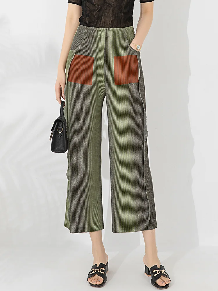 

HOT SELLING Miyake Gradient color stitching high waist drape feeling nine cent trousers straight trousers with pants IN STOCK