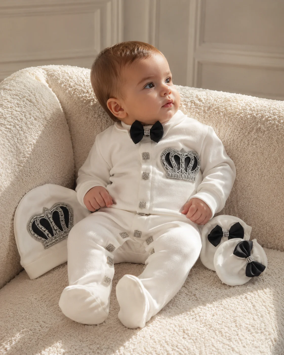 Newborn Rhinestone Crown Footed Romper 3pcs Black White Satin Bow Tie Luxury Outfit Custom Name Baby Photo Shoot Clothes - view 2
