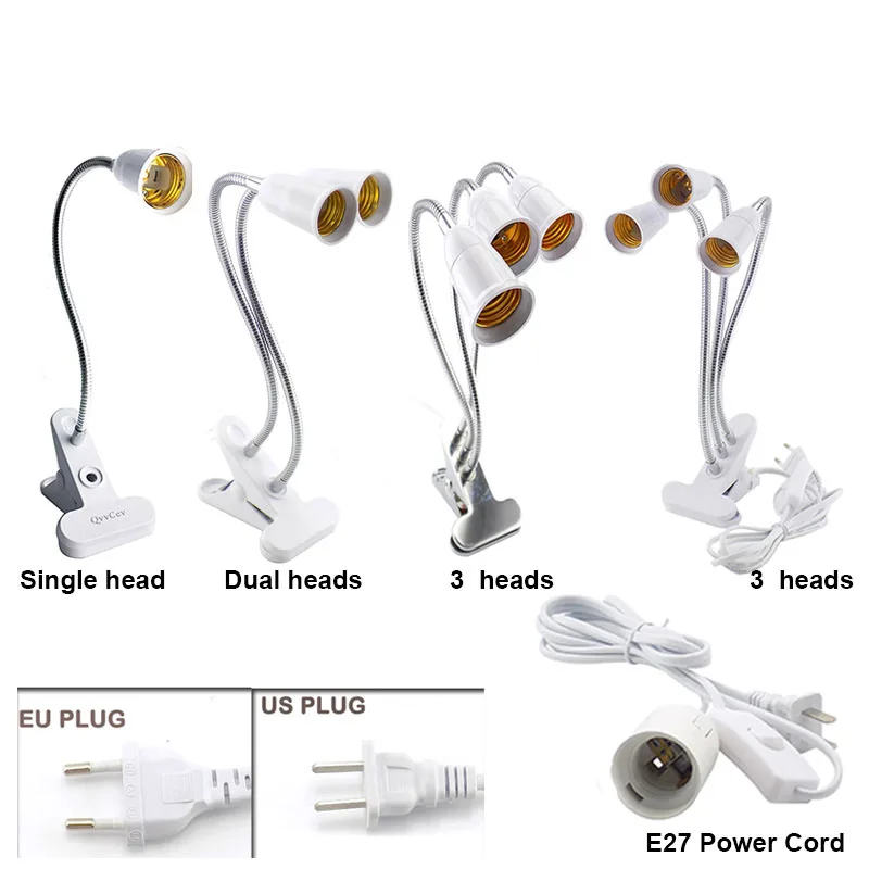 E27 Socket Flexible LED Lamp Bulbs Base Single/Dual/3 Heads Clip Holder AC Power Cable With On/Off Switch for Plant Grow Light