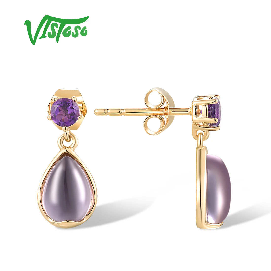 VISTOSO Genuine 14K 585 Yellow Gold Dangling Earrings For Women Natural Amethyst Geometric Elegant Party Fashion Fine Jewelry