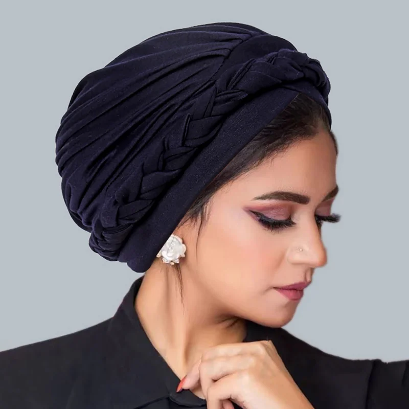 KepaHoo Solid Color Braid Muslim Hijab Caps Crossed Forehead Women Wrap Head Soft Elastic Fashion Indian Turban Bonnet