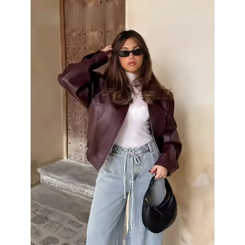 

Новинка 2023 года, осенняя женская винтажная однотонная бордо-красная короткая куртка в американском стиле, женская шикарная кожаная куртка на молнии с длинными рукавами