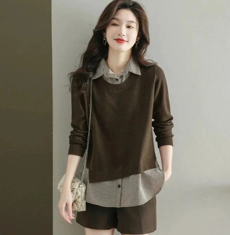 루즈핏 여성 셔츠 스트라이프 니트 탑 한국 스타일 봄 가을 겨울 신상품