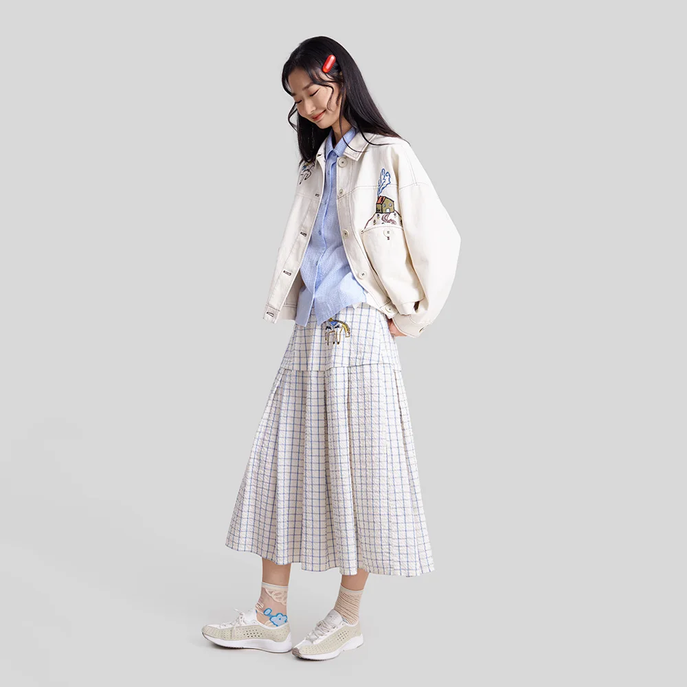 MOVEUP Office Cropped Jacket Women 2026 Spring New Fun Embroidery Asymmetrical Patch Pocket Straight Casual Outerwear 3ELC20719